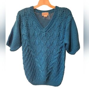 Vintage Teal Blue Chunky Knit Short Sleeve Sweater